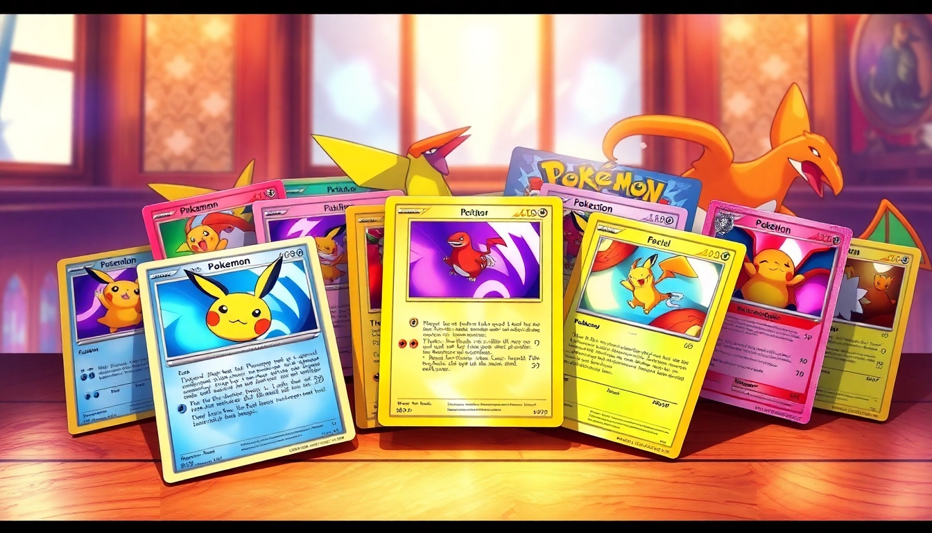 Showcasing Real Pokemon cards with vibrant designs and holographic features.