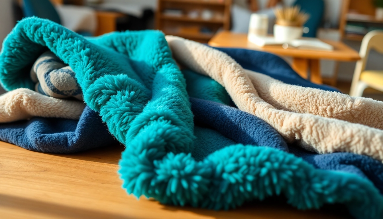 Fleece stofstalen op een houten tafel met verschillende texturen en kleuren.