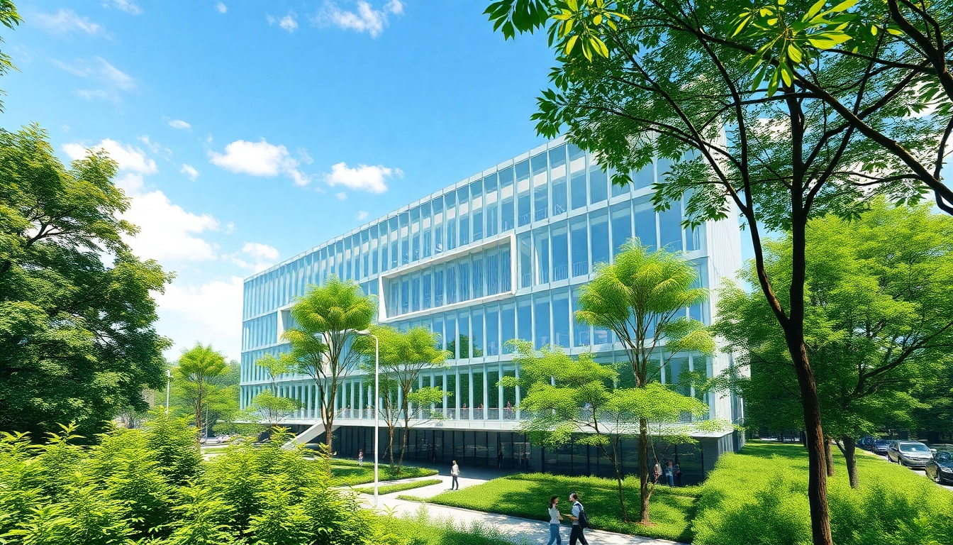 Erstellen Sie eine hochwertige Architekturvisualisierung eines modernen Gebäudes mit lebhaften Elementen.